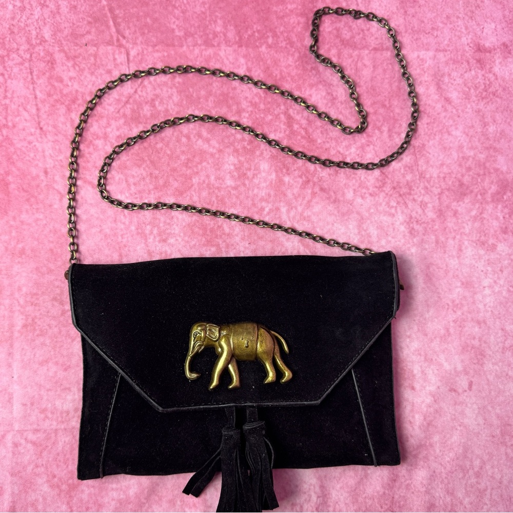 258. Black Suede Clutch with Gold Elephant Accent - Picture 2 of 8